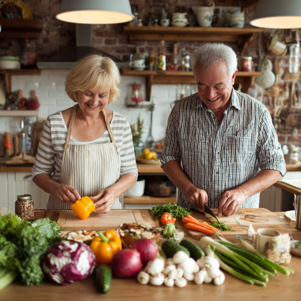 Middle-aged adults preparing fresh vegetables in a calm kitchen environment