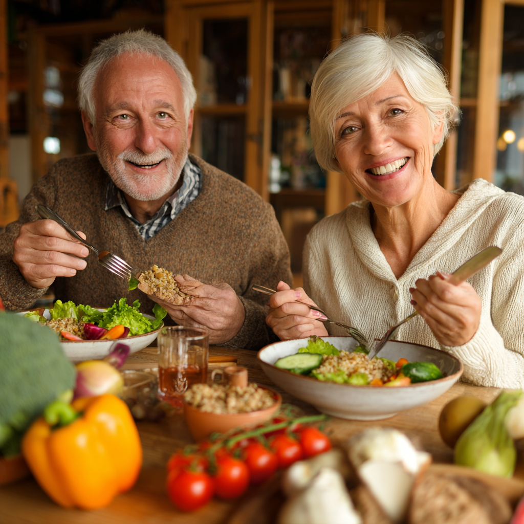 Older adults enjoying a balanced meal with fresh seasonal vegetables and whole grains